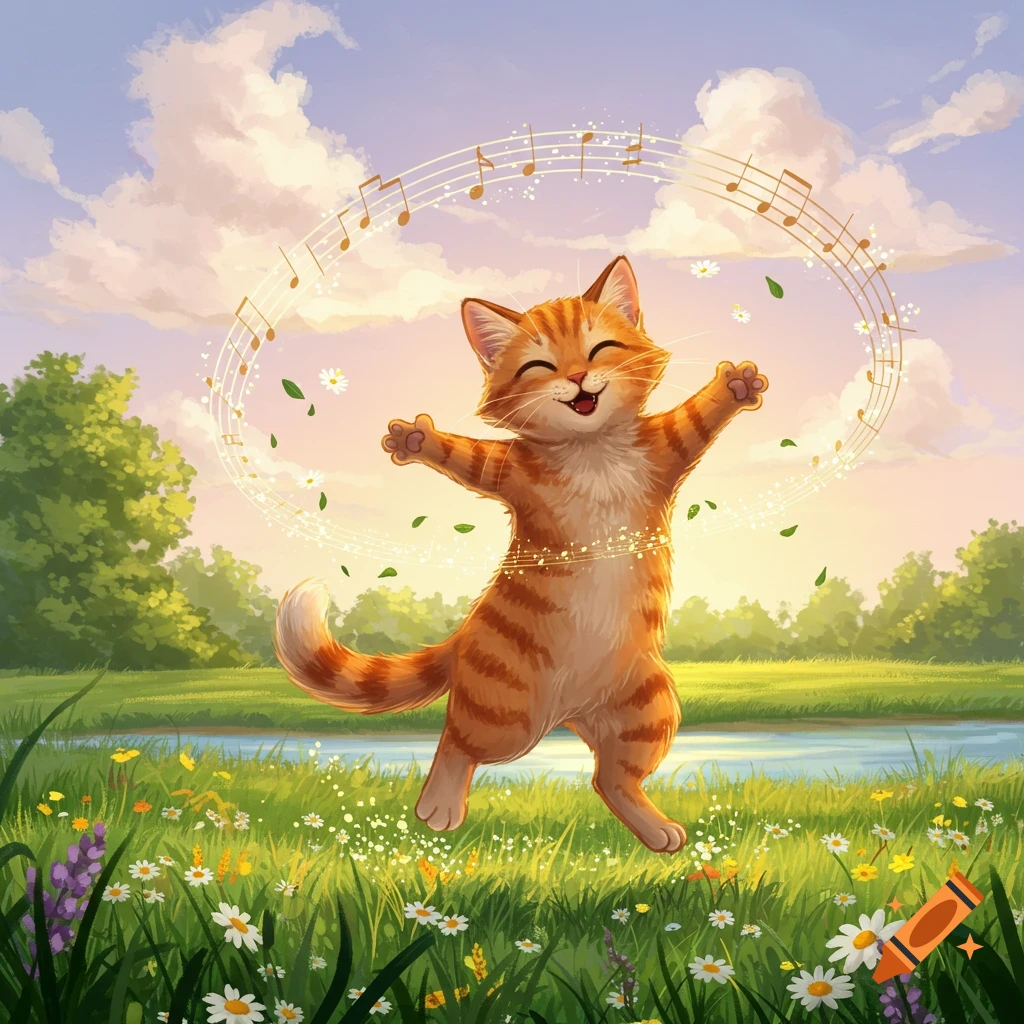 Happy orange-striped cartoon cat dancing in a sunlit meadow with musical notes and flowers.