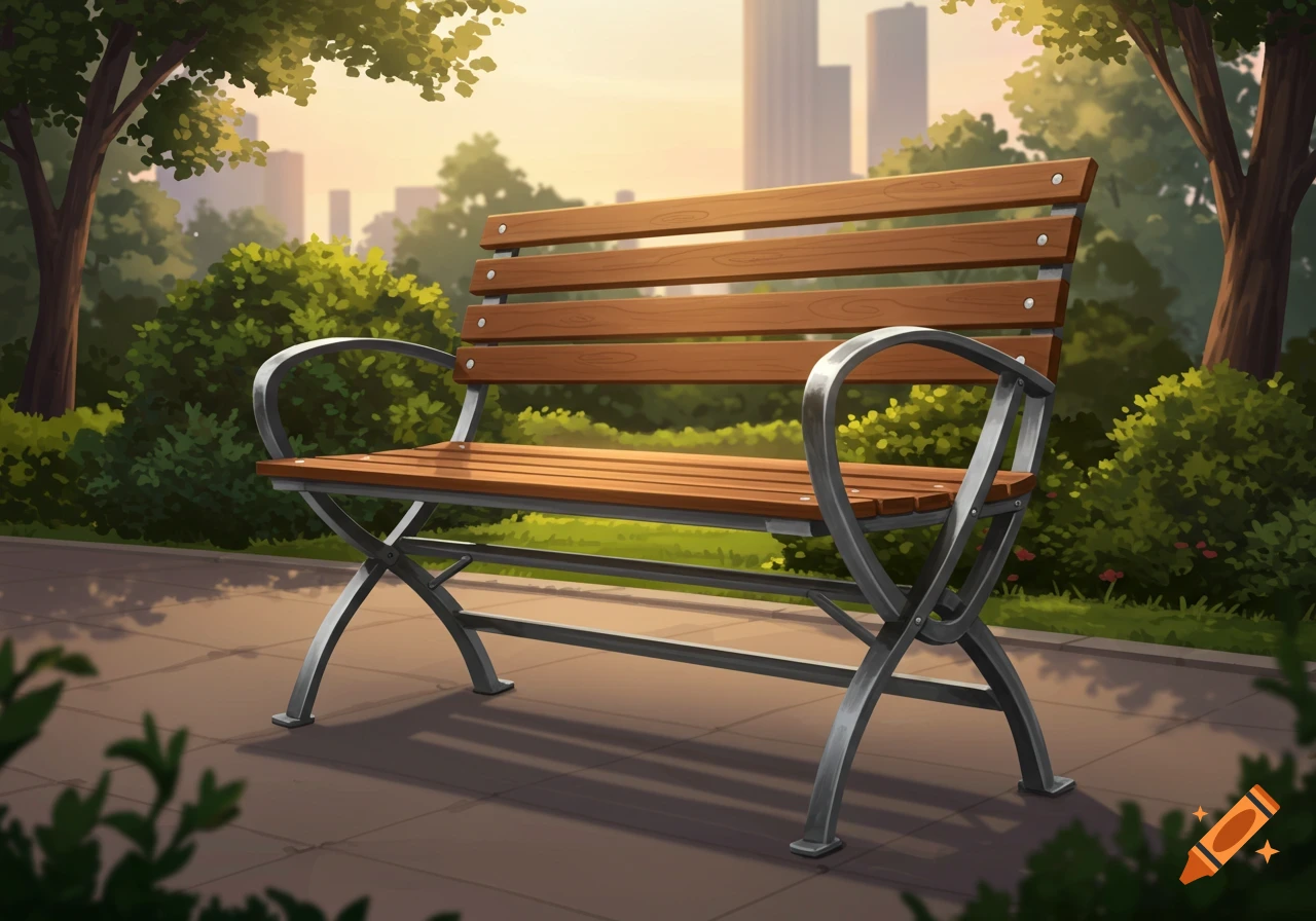An illustrative park scene with a wooden bench on a paved path, surrounded by trees and bushes, with city buildings in the background.