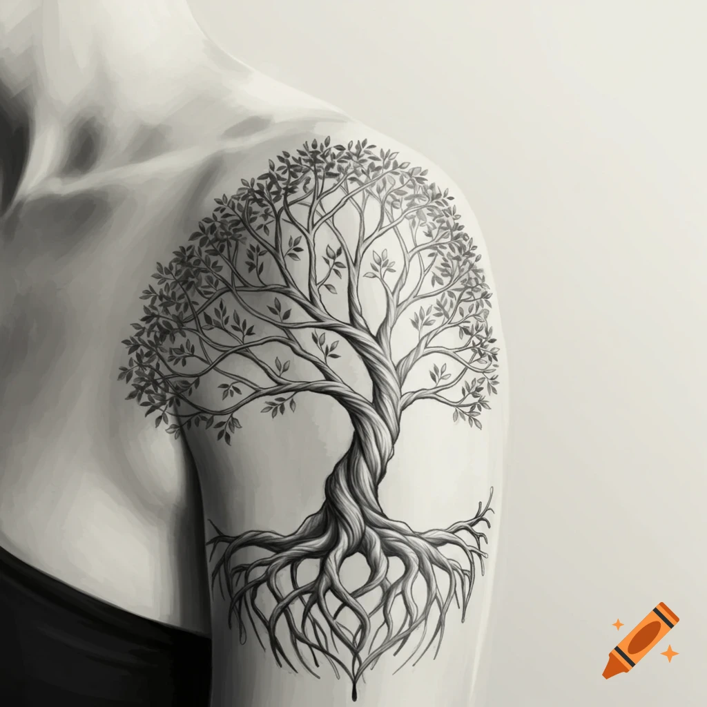 Detailed black and white tree of life tattoo on a person's shoulder, with intricate roots and branches.