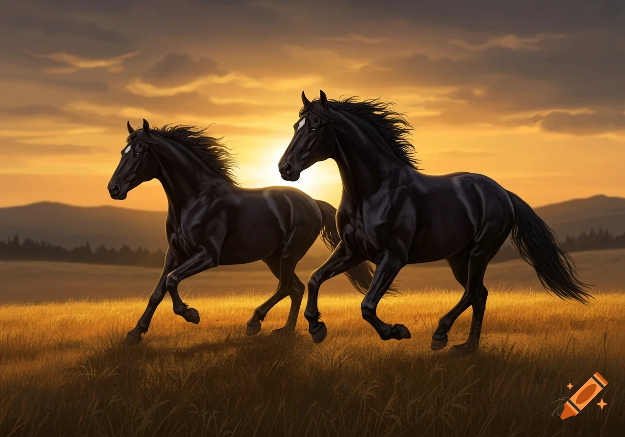 Two majestic black horses with flowing manes run through a golden field at sunset, with distant mountains.