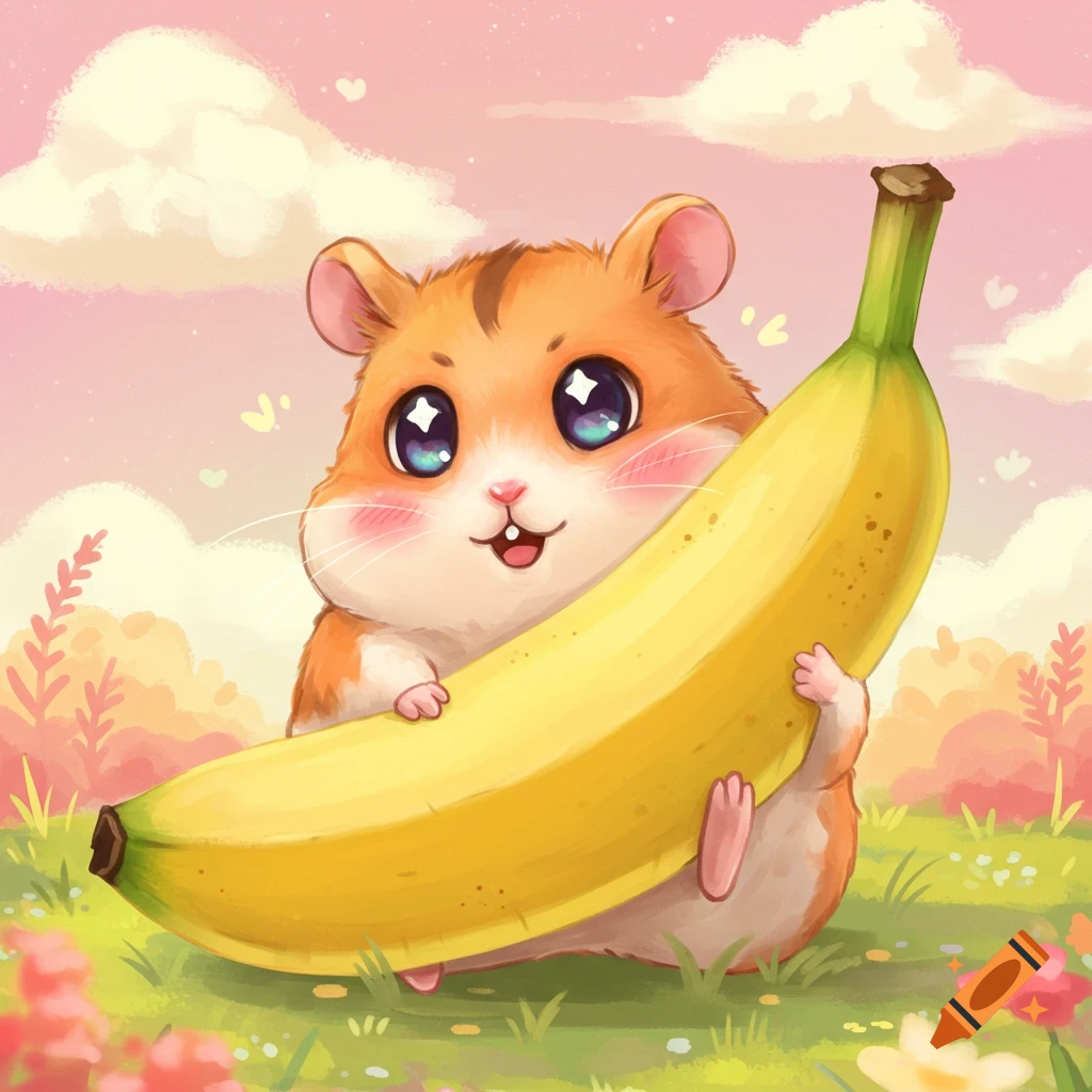 A cute kawaii hamster with big eyes holding a large banana in a colorful grassy field under a pink sky.