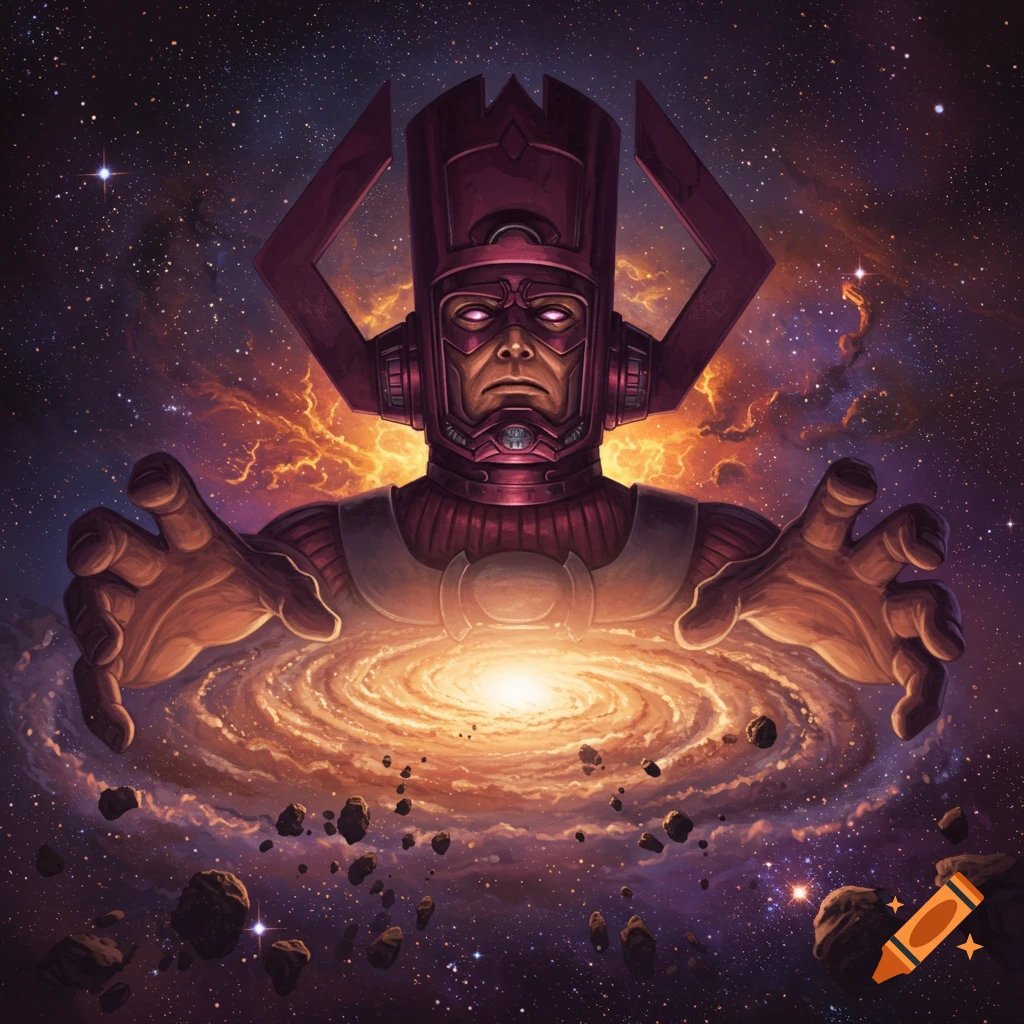 Galactus, a cosmic giant, holds a swirling galaxy surrounded by stars and nebulae in a dramatic illustration.