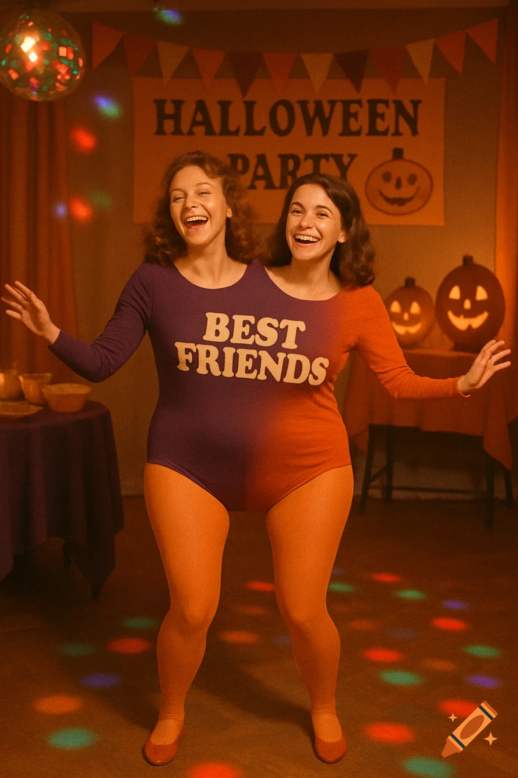 Two women in a purple and orange shared leotard with 'BEST FRIENDS' on it, creating a two-headed illusion at a vintage Halloween party.