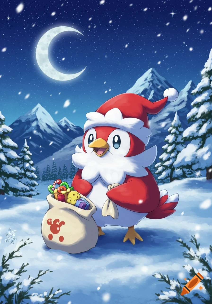 A cute cartoon Pokémon Delibird in a Santa hat and beard holds a gift bag in a snowy winter forest at night under a crescent moon.
