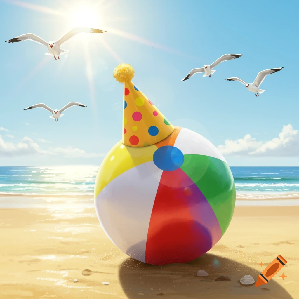 A colorful beach ball wearing a party hat sits on a sandy beach under a bright sun, with seagulls flying over the ocean.