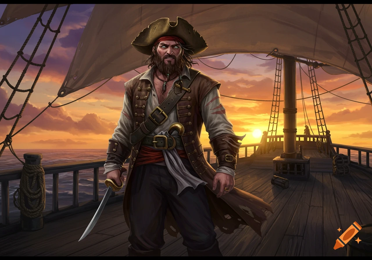 A rugged pirate in a tricorn hat stands on a wooden ship deck, holding a cutlass, with a sunset sky and ocean in the background.