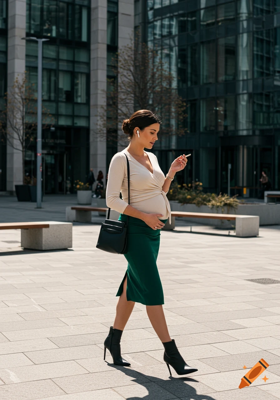 A pregnant woman in a cream wrap top and emerald skirt walks in an urban plaza, holding a cigarette and her belly.