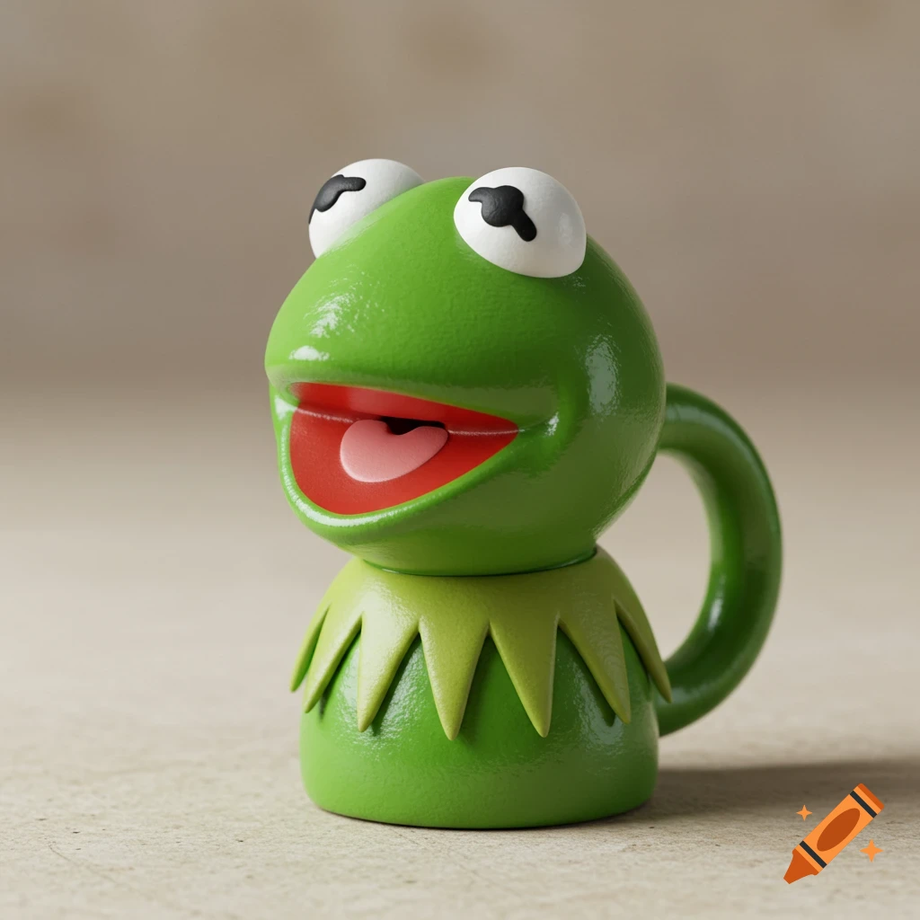 A shiny green ceramic mug designed to look like Kermit the Frog, with large white googly eyes and an open red mouth with a pink tongue.