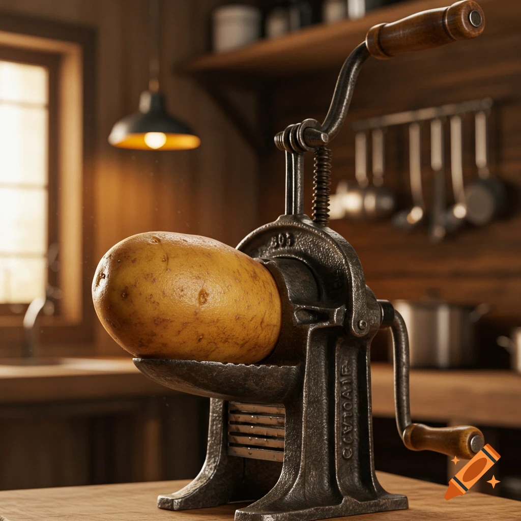 A photorealistic image of a whole potato being held in an antique, hand-cranked cast iron potato slicer on a wooden counter in a rustic kitchen.