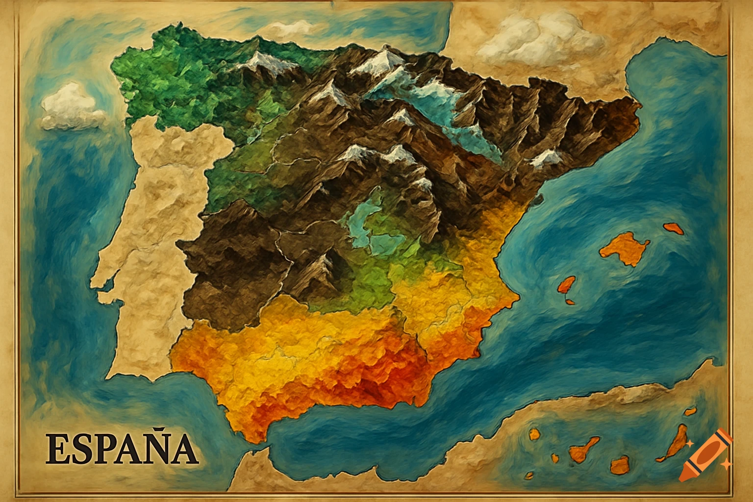 Stylized, painted map of Spain showing varied climates and mountain ranges, surrounded by blue water and the text 'ESPAÑA'.