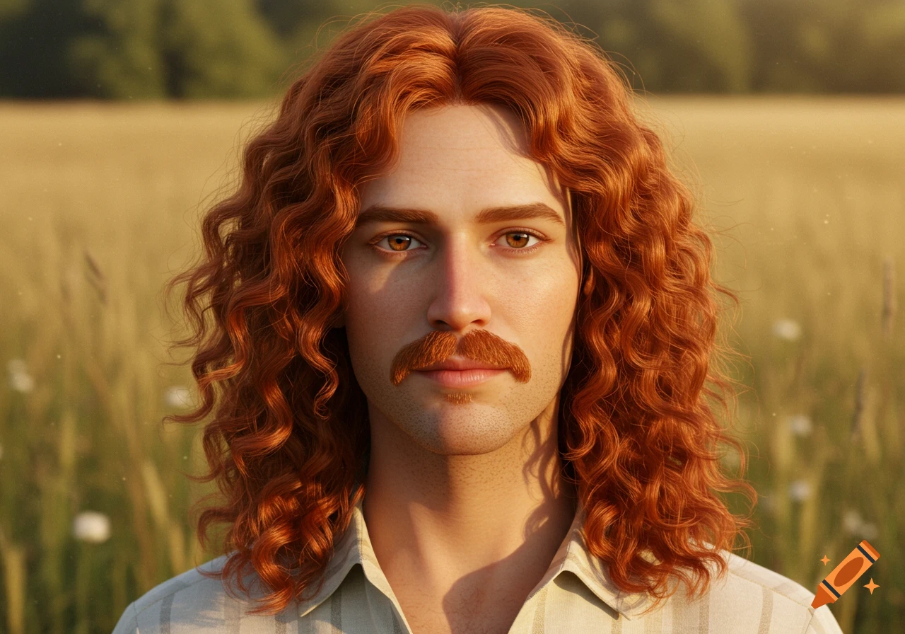 Close-up photorealistic portrait of a man with long, curly red hair, a mustache, and brown eyes, standing in a sunny field.