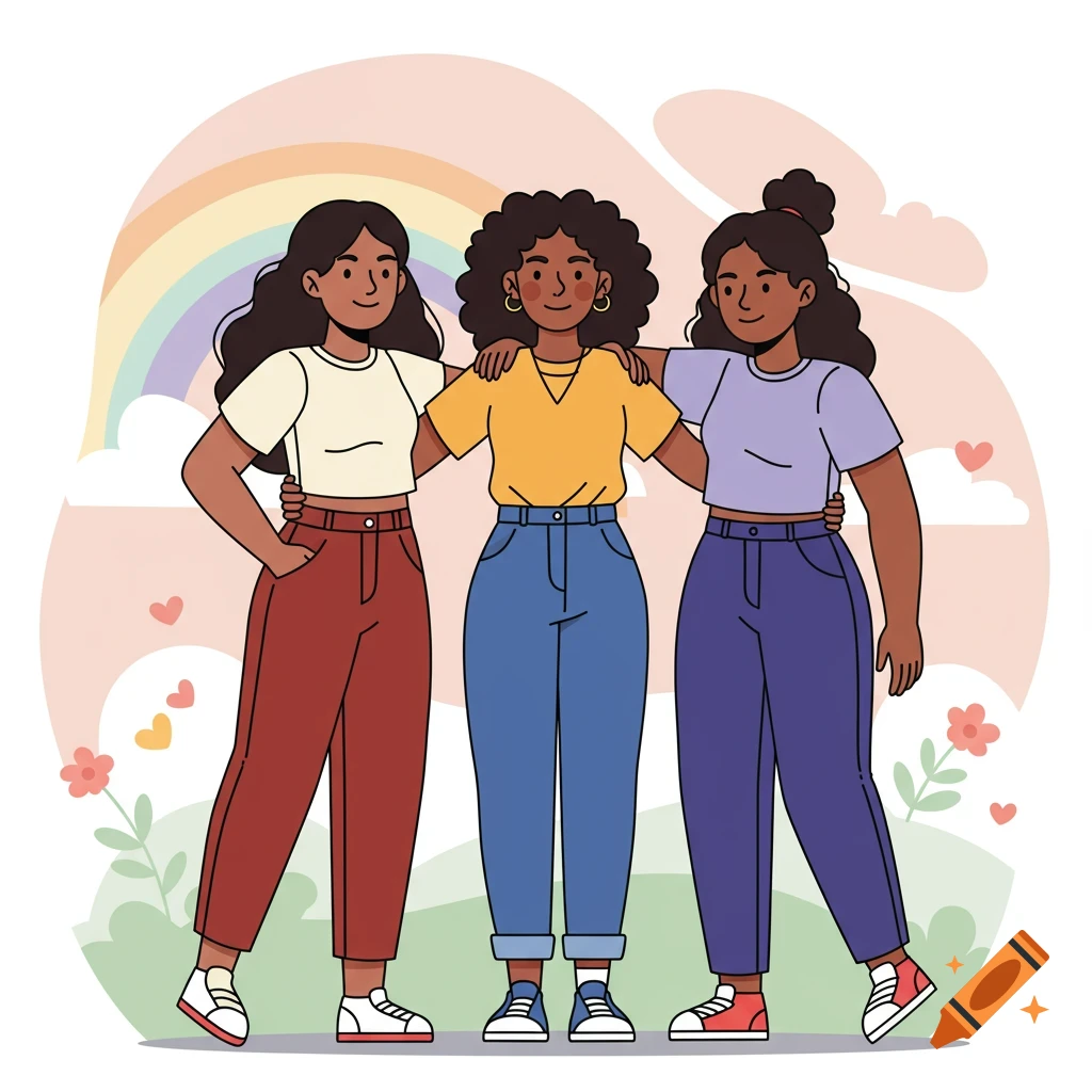 Three diverse female friends embrace, smiling under a rainbow in a flat design illustration with a pastel background.