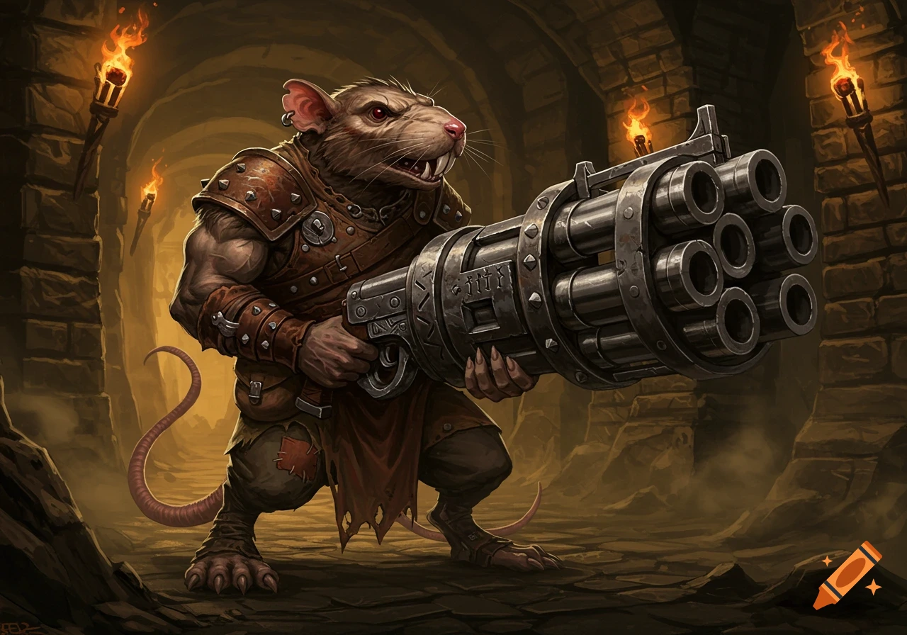 Muscular ratfolk warrior in leather armor holding a giant gatling gun in a dark dungeon, torches illuminate the scene.