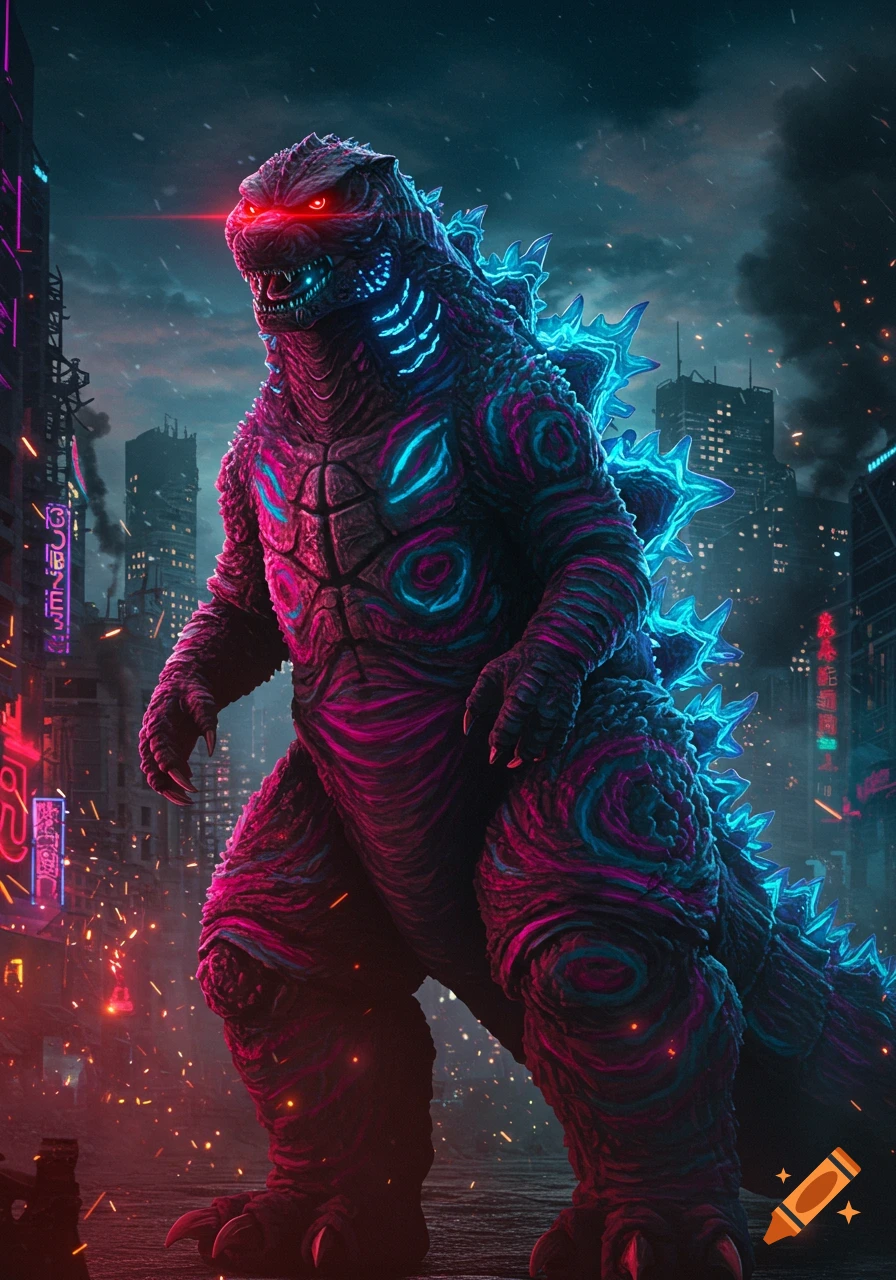 A giant Godzilla monster with neon pink and blue glowing patterns and red eyes stands in a futuristic, neon-lit city at night.