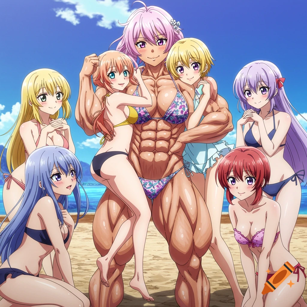 Anime-style scene of a muscular pink-haired woman in a bikini embracing two women on a beach, surrounded by three other women in bikinis.