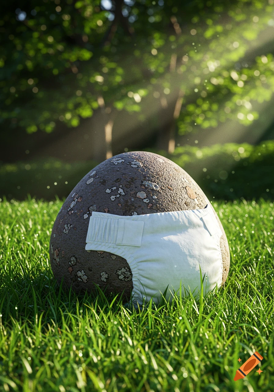 A large, lichen-covered rock wears a white diaper in vibrant green grass with dappled sunlight shining through trees. Photorealistic style.