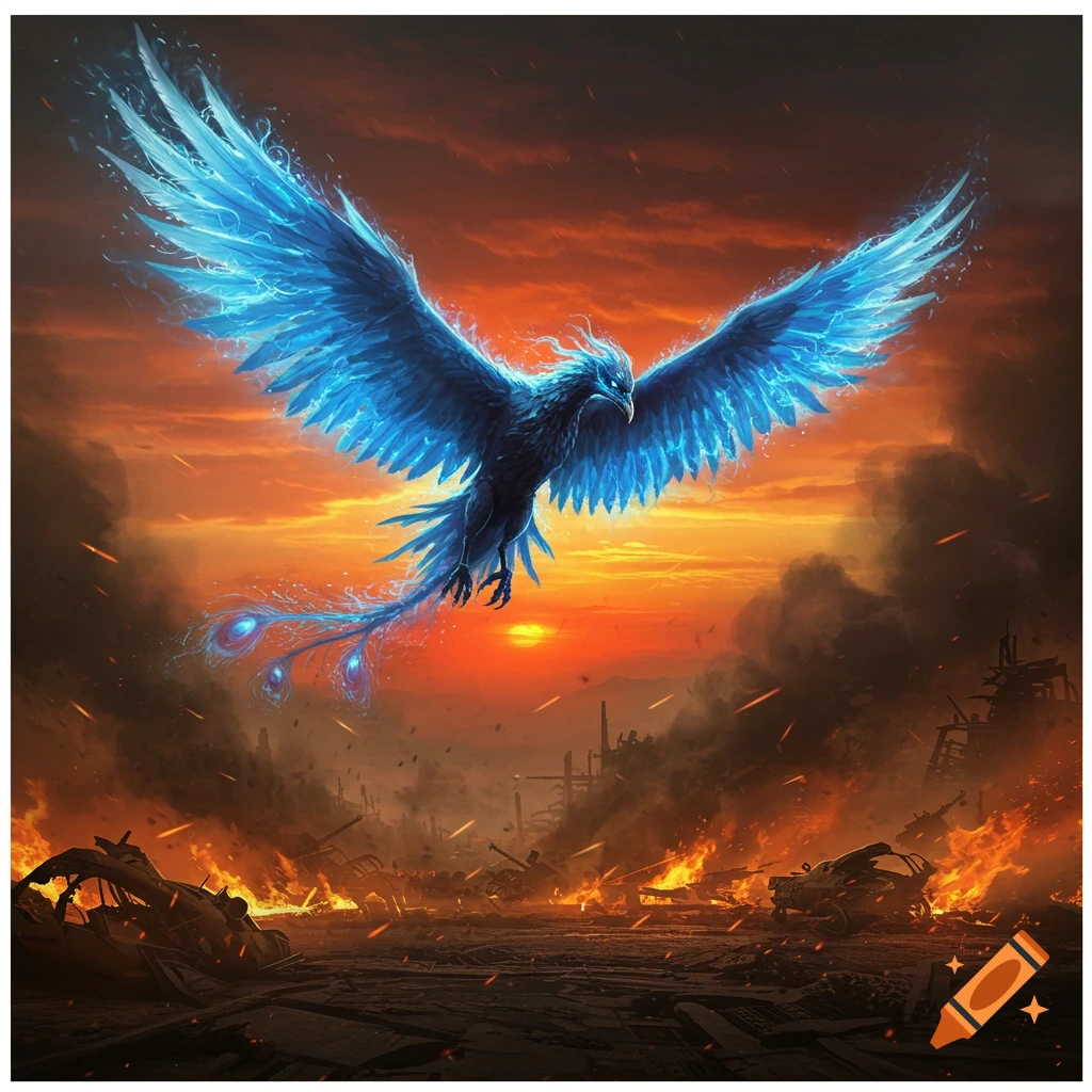 A majestic blue phoenix with glowing wings soars over a desolate, burning warzone at sunset, detailed fantasy art.