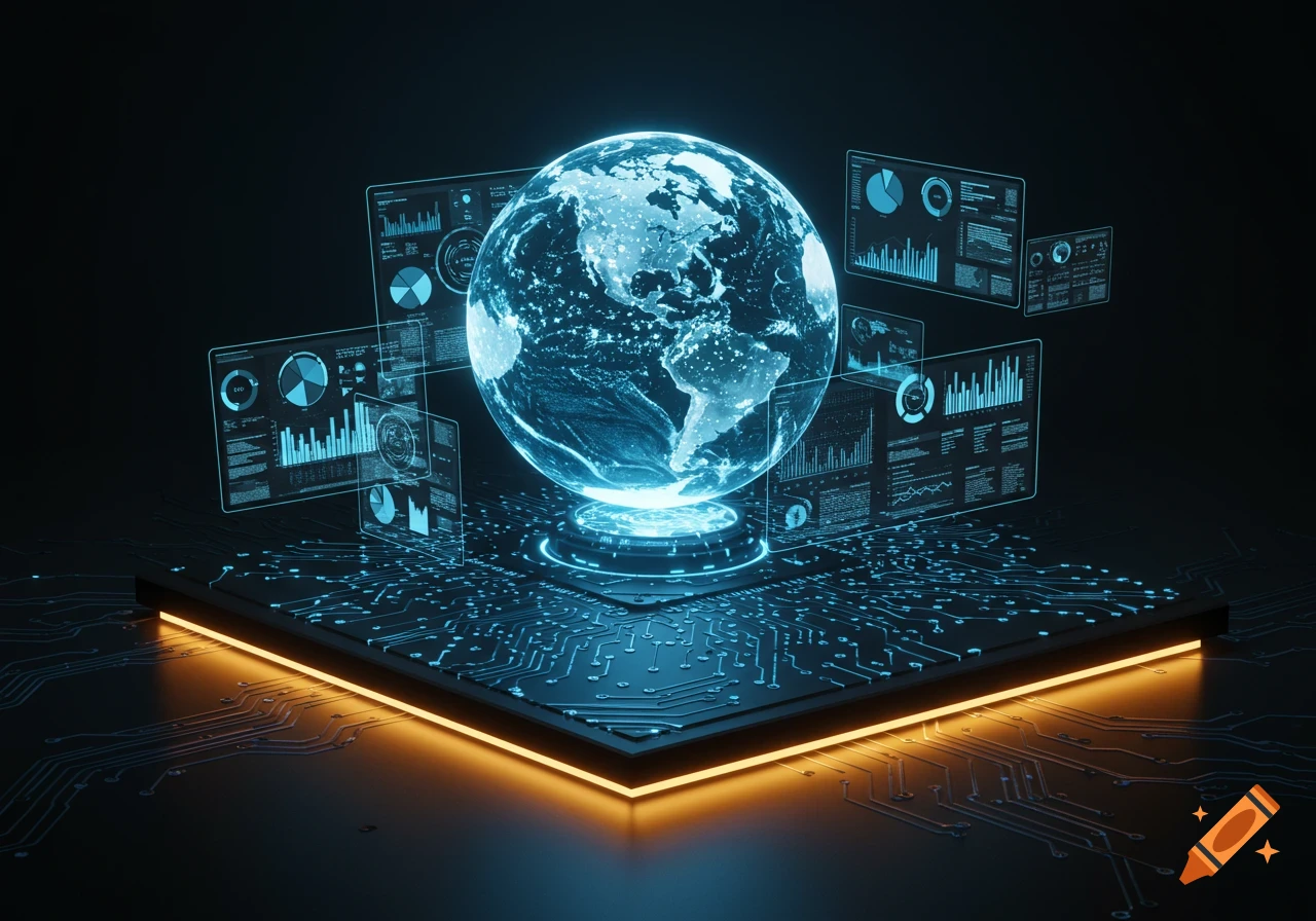 A glowing blue digital globe on a circuit board, surrounded by holographic data panels, against a dark background.