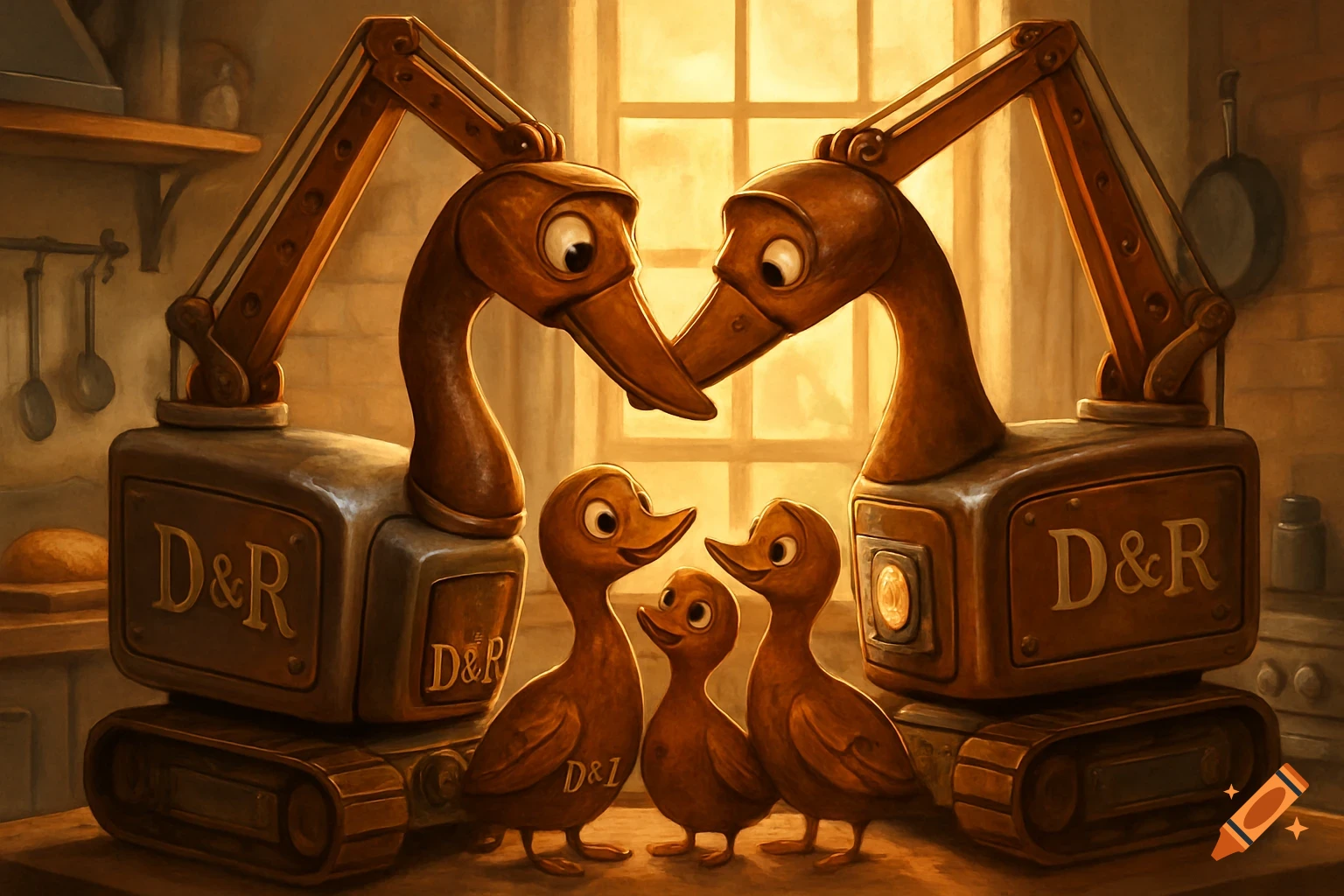 Two large, diesel-powered cranes with duck heads embrace, with three smaller duck-shaped cranes below them, in a warm, painterly kitchen setting.