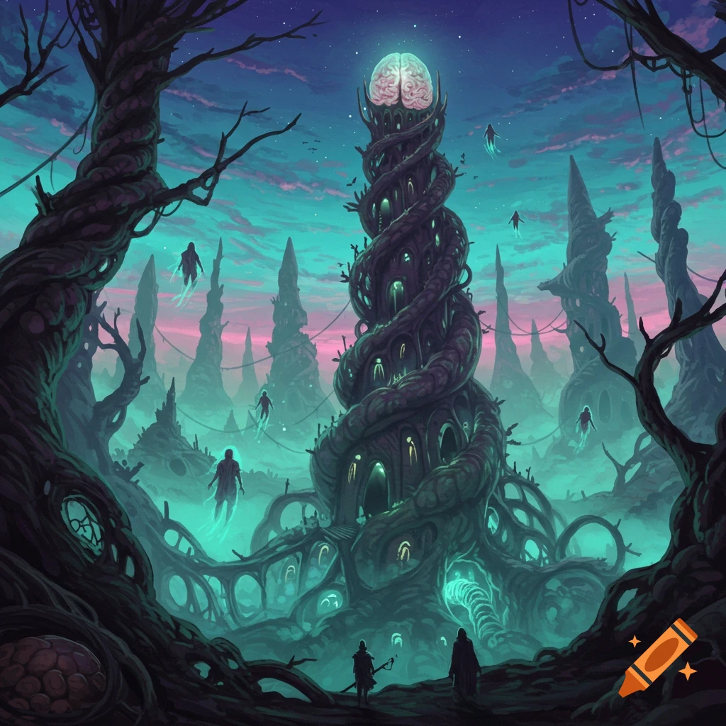 Dark fantasy digital art of a twisted, organic tower with a glowing brain, surrounded by misty alien landscape and shadowy floating figures.