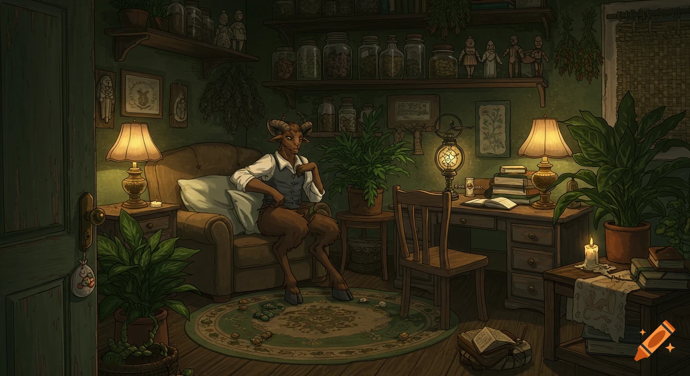 A satyr sits in a cozy, dimly lit bedroom filled with plants, shelves of jars, books, and glowing lamps, in an anime style.