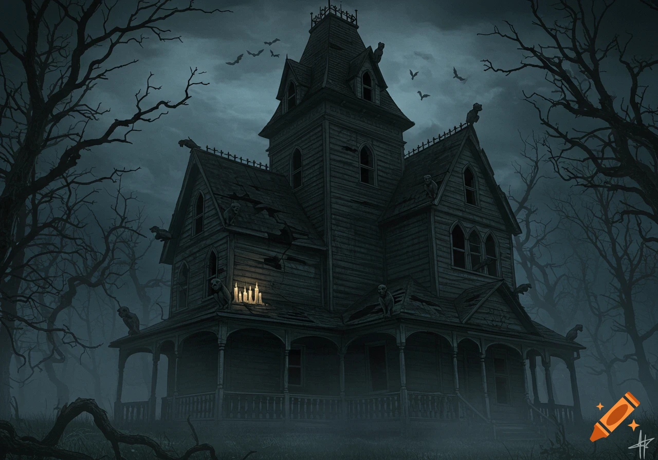 A dark, dilapidated Victorian haunted house with bare trees, bats, and flickering candles under a stormy night sky.