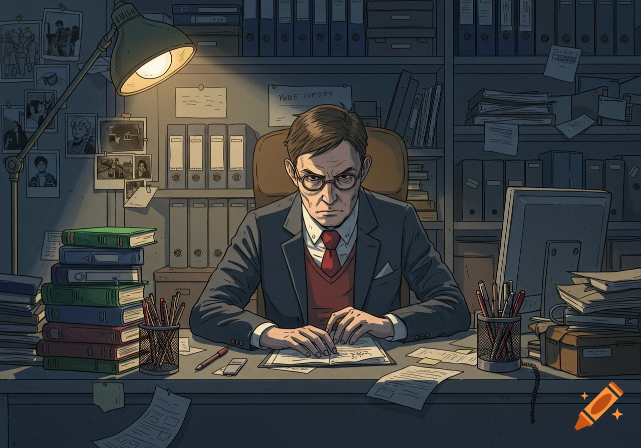 A serious man with glasses, wearing a suit and red vest, sits at a desk in a meticulously organized office, illuminated by a desk lamp in an expressive illustration.