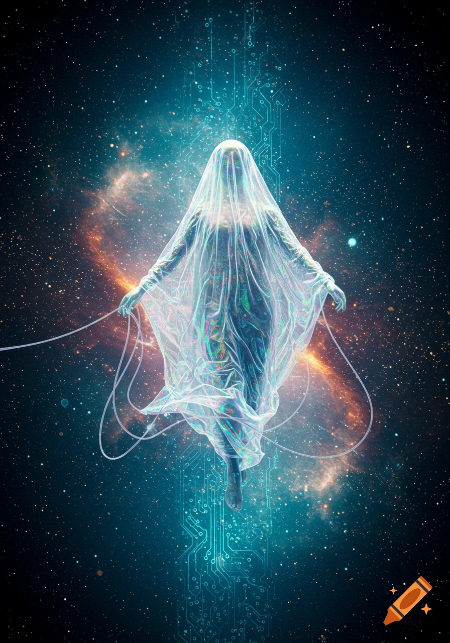 A veiled, ethereal figure with iridescent fabric floats in a starry cosmic void, connected by glowing circuit board lines.