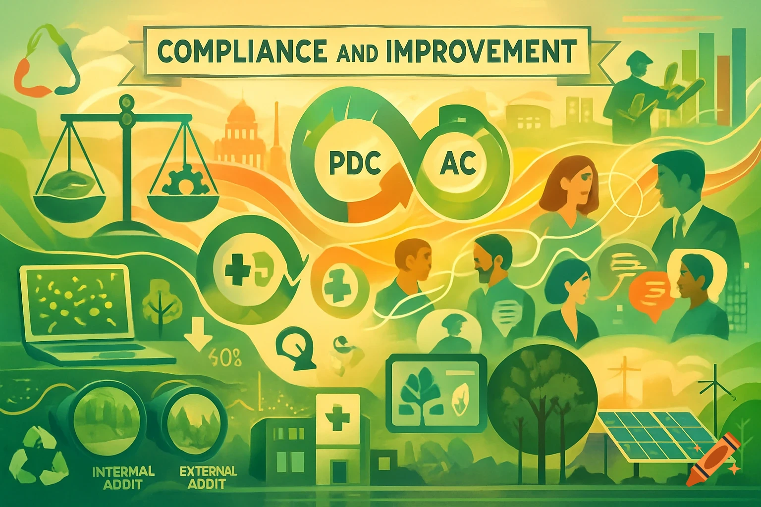 An intricate illustration titled "COMPLIANCE AND IMPROVEMENT" depicting environmental risks, PDCA cycle, communication, audits, green tech, and worker participation.