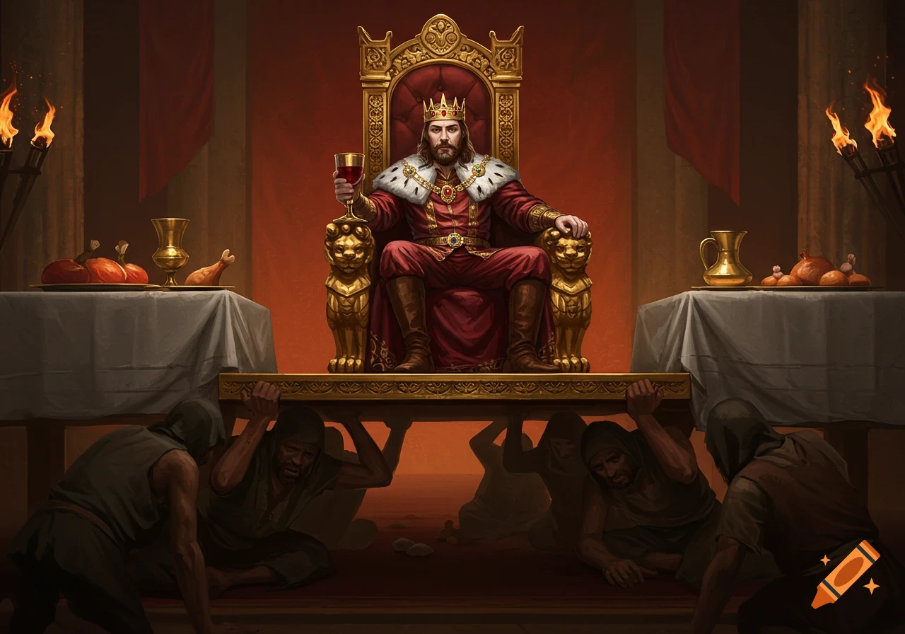 A king in a red robe and crown sits on a golden throne, held aloft by peasants underneath, in an opulent, dimly lit hall. Digital painting.
