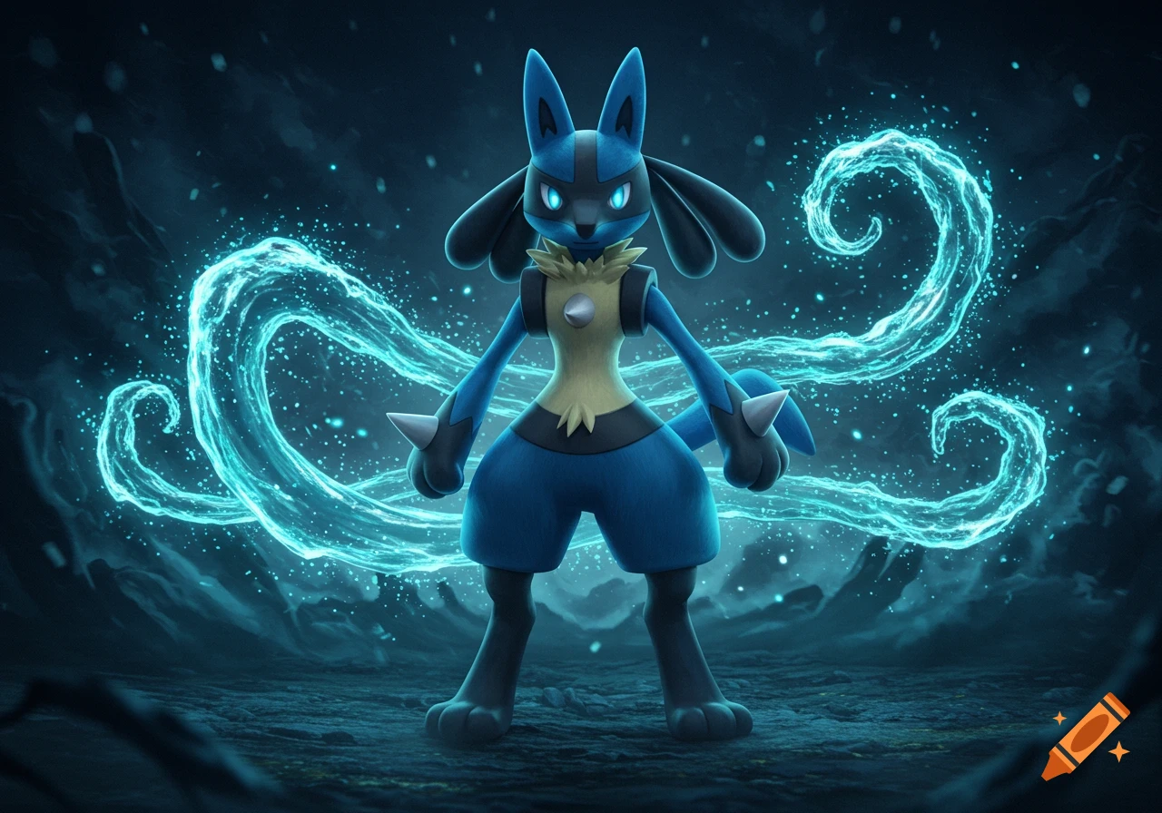 Lucario stands on rocky ground, surrounded by glowing blue energy against a dark, cloudy background.