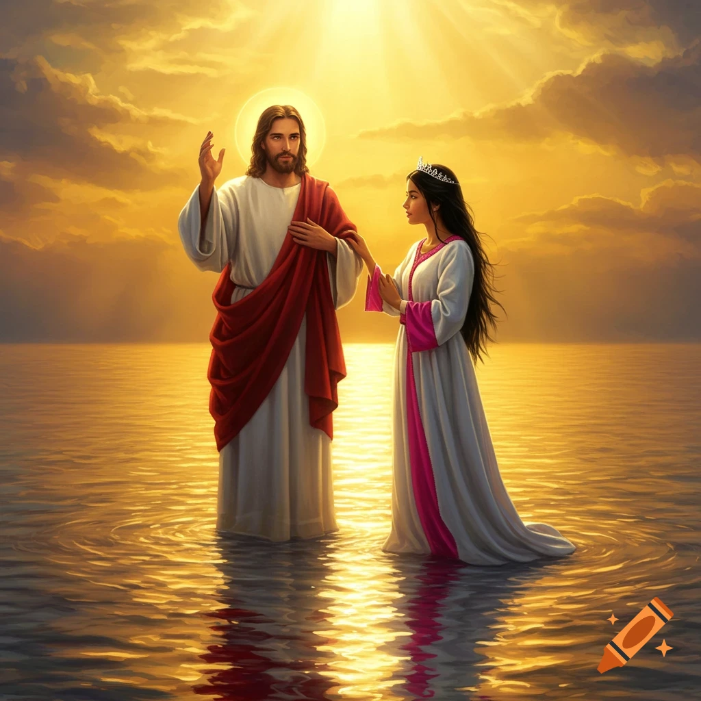 Jesus and a woman in white robes stand in shimmering golden water at sunset, under a radiant sky, in a painterly digital art style.