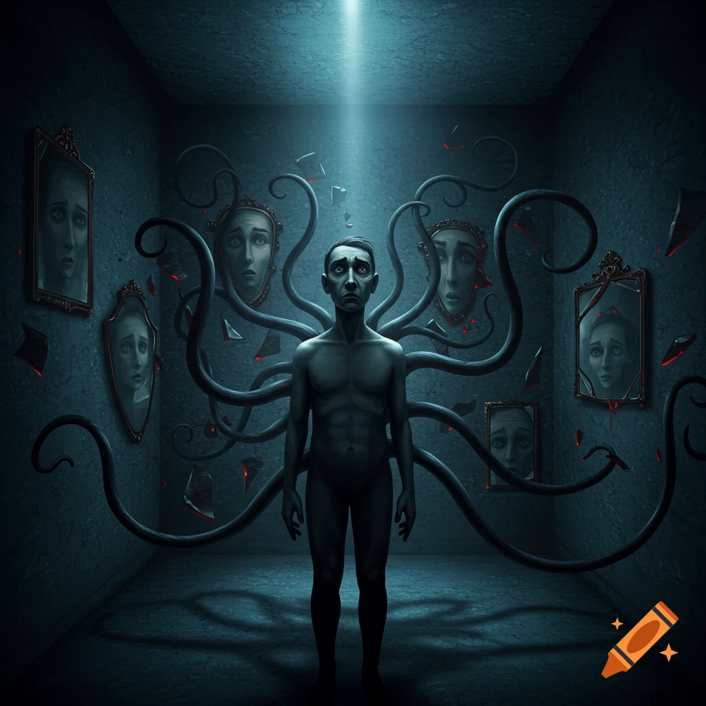 A gaunt, nude man with wide eyes stands in a dark, surreal room. Black tendrils and broken mirrors with distressed faces surround him.