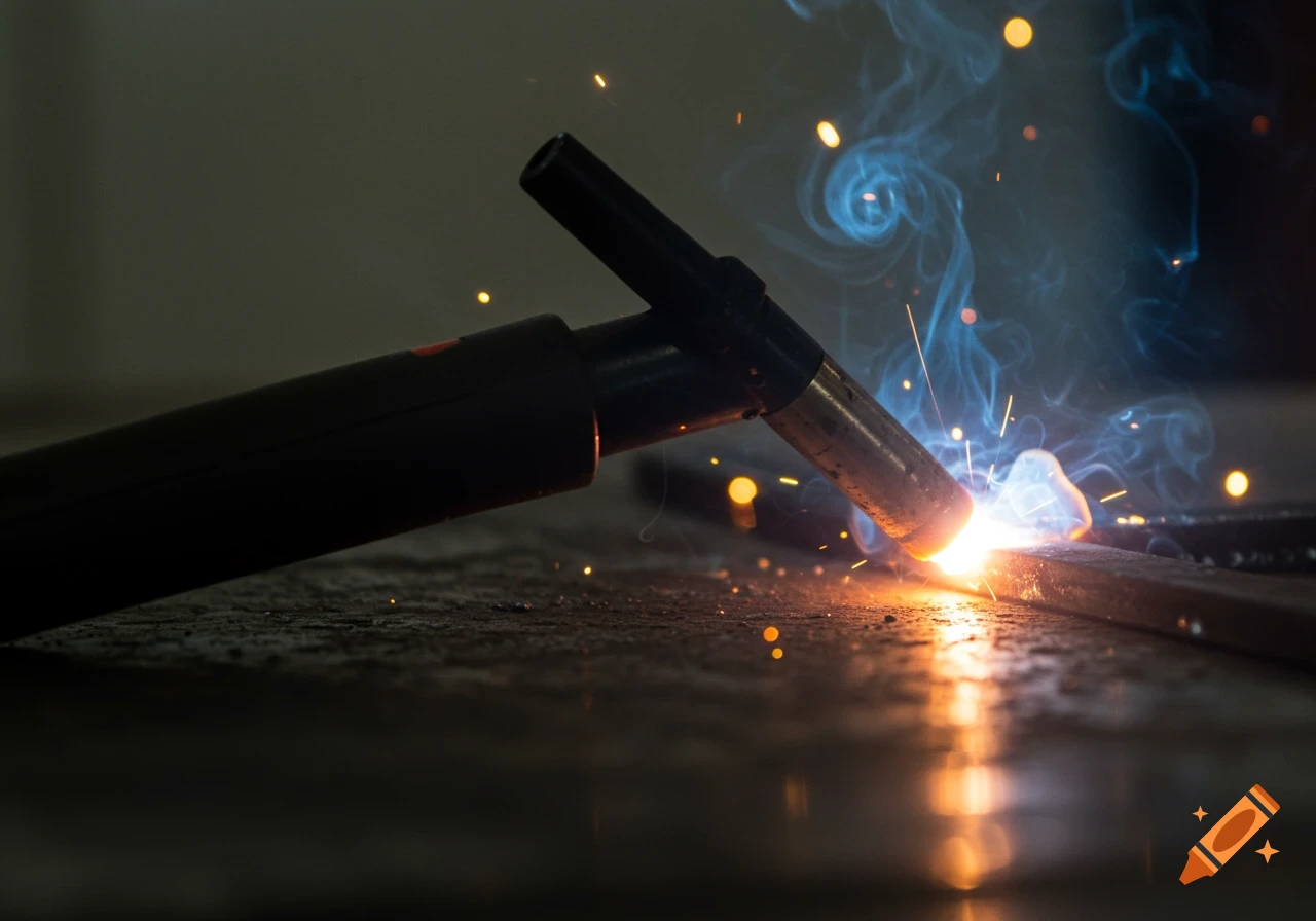 Close-up of a welding torch creating bright sparks and blue smoke on a dark metal surface.