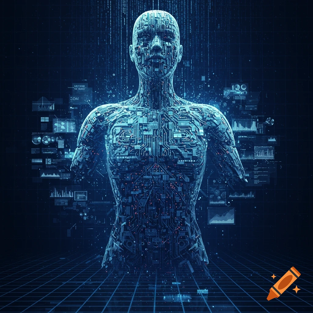 A glowing blue circuitry human torso and head stand against a dark background with flowing digital data.