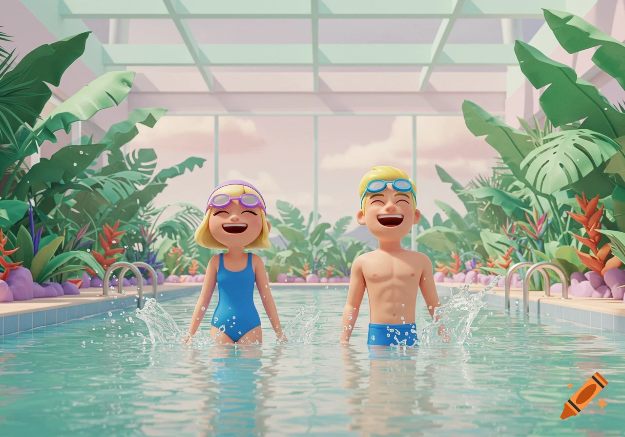 A blonde girl and boy in swimsuits and goggles splash in a pastel indoor pool surrounded by lush tropical plants, in Pixar style.