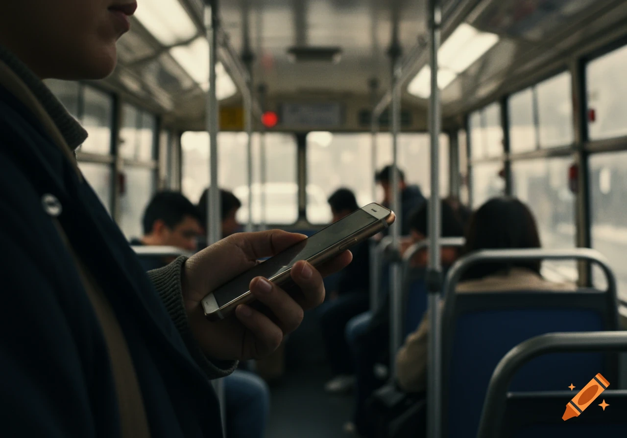 Close-up of a person holding a smartphone on a crowded bus, viewed from a candid side angle.