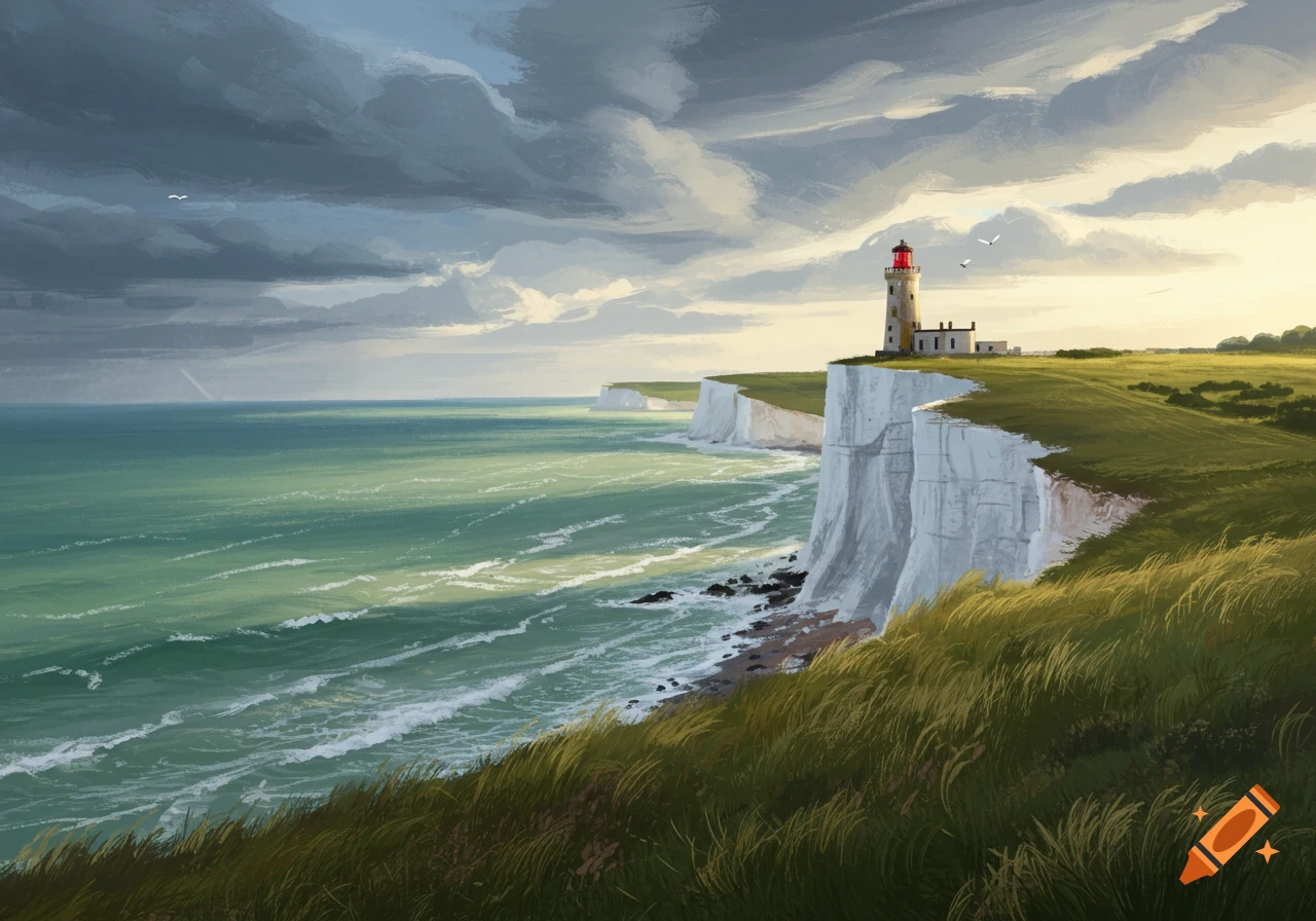 A dramatic painting of a lighthouse atop white cliffs overlooking a turbulent green sea under a cloudy sky.