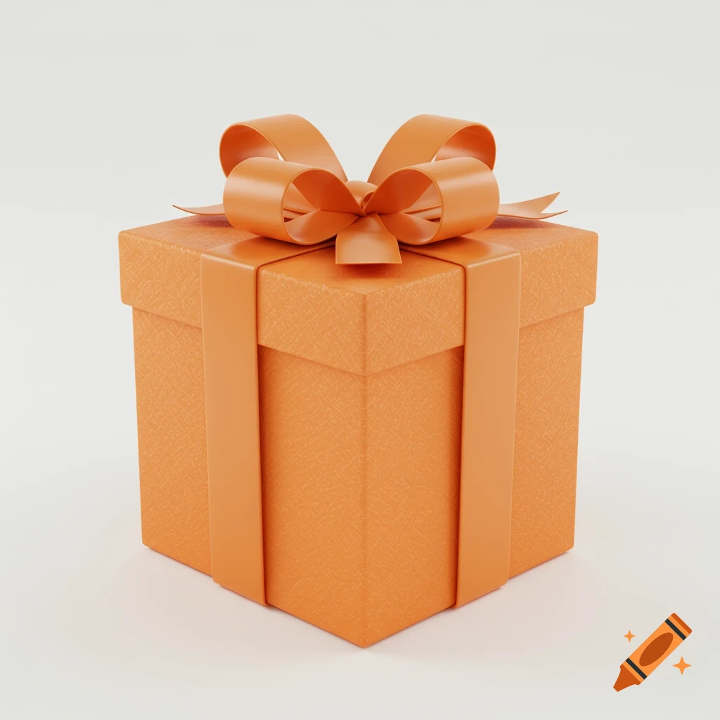 An orange gift box with a matching ribbon and bow sits on a white background.