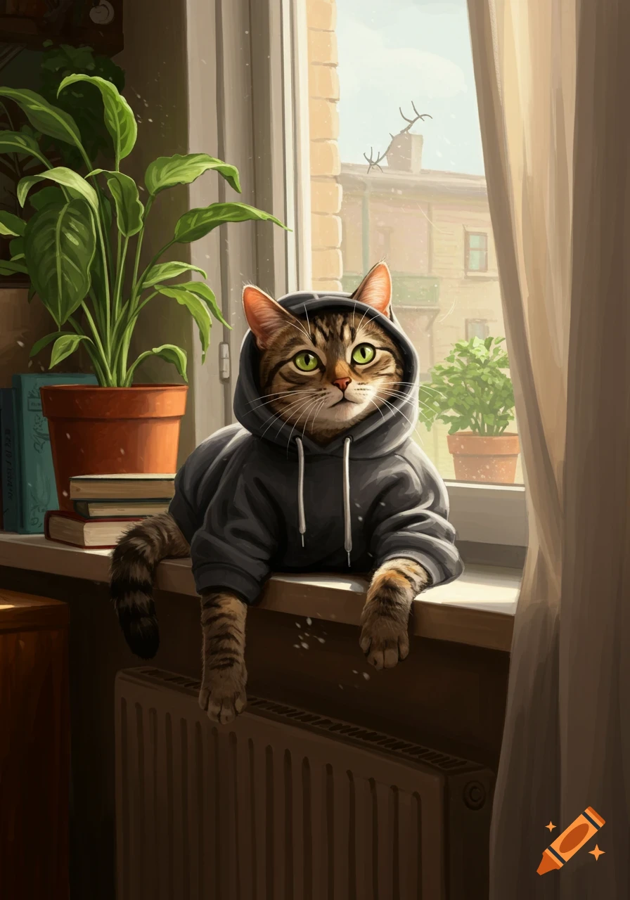 A tabby cat in a dark gray hoodie sits on a sunlit windowsill, looking out the window, with houseplants nearby. Illustrative style.