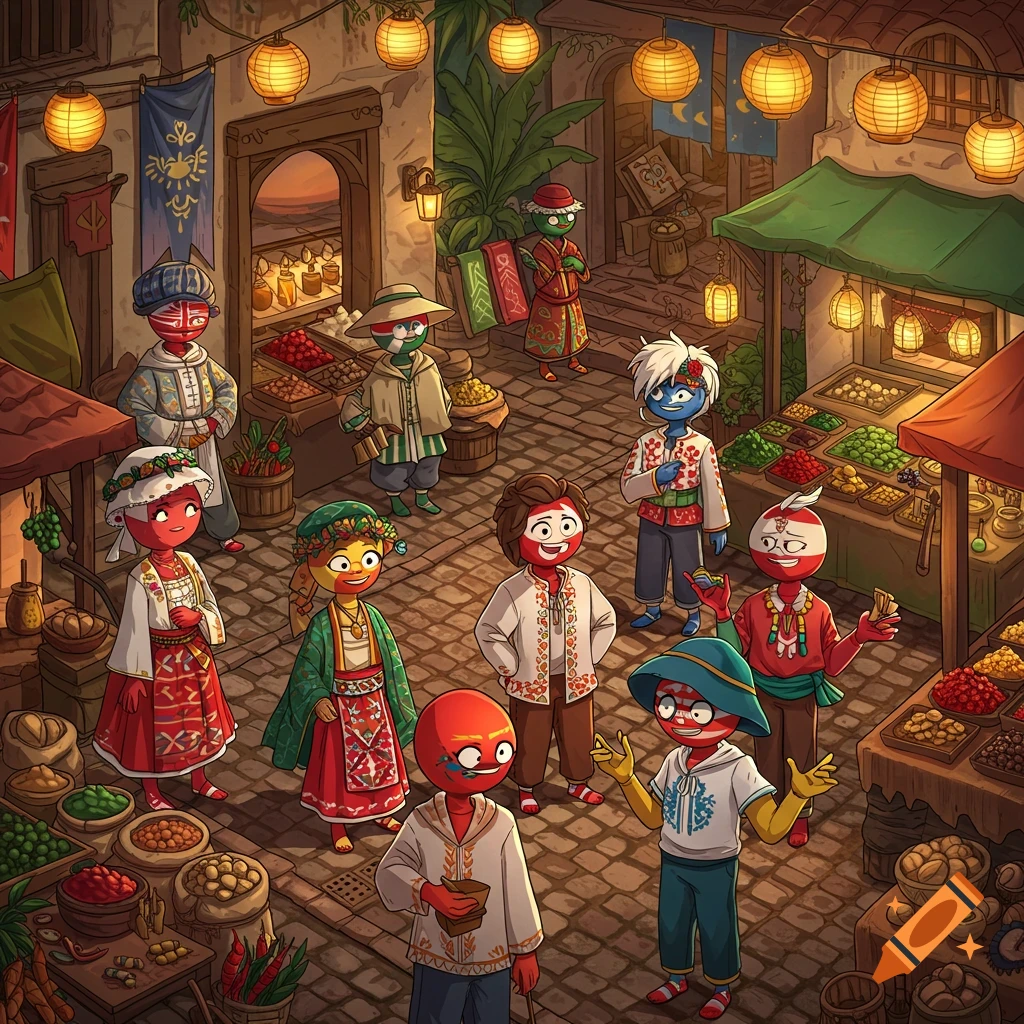 Cartoon characters with flag faces in traditional attire socialize and shop in a bustling, vibrant market.