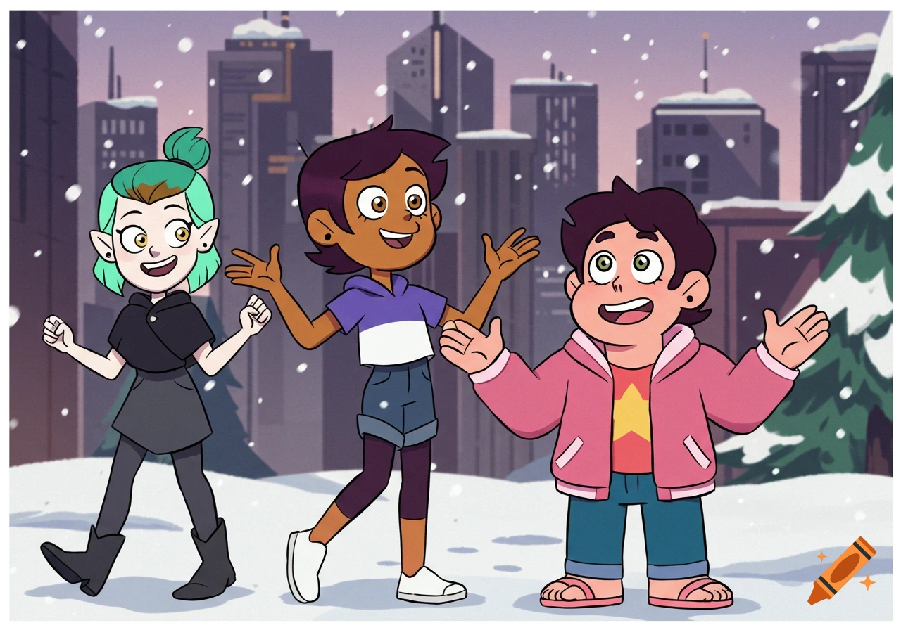 Amity, Luz, and Steven Universe in cartoon style, smiling outdoors in a snowy city with buildings.