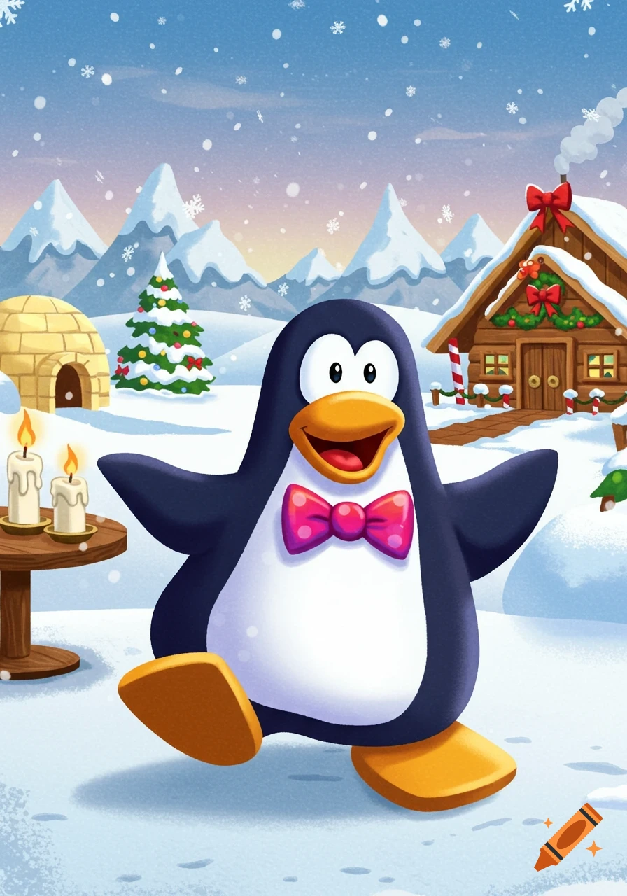 A happy cartoon penguin in a pink bow tie stands in a snowy Club Penguin-style landscape with an igloo, a festive cabin, and a Christmas tree.