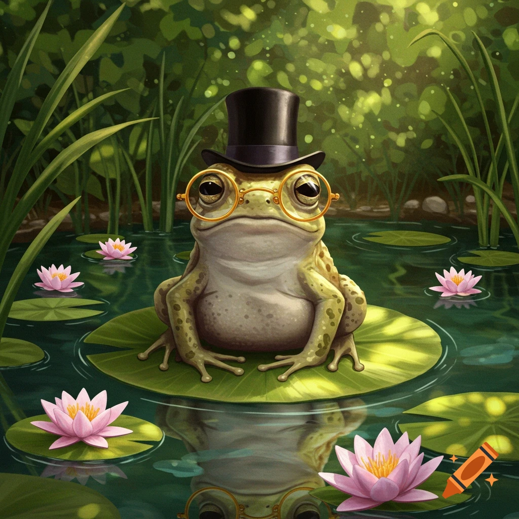 A dapper frog wearing a top hat and gold-rimmed glasses sits on a lily pad in a pond with pink water lilies.