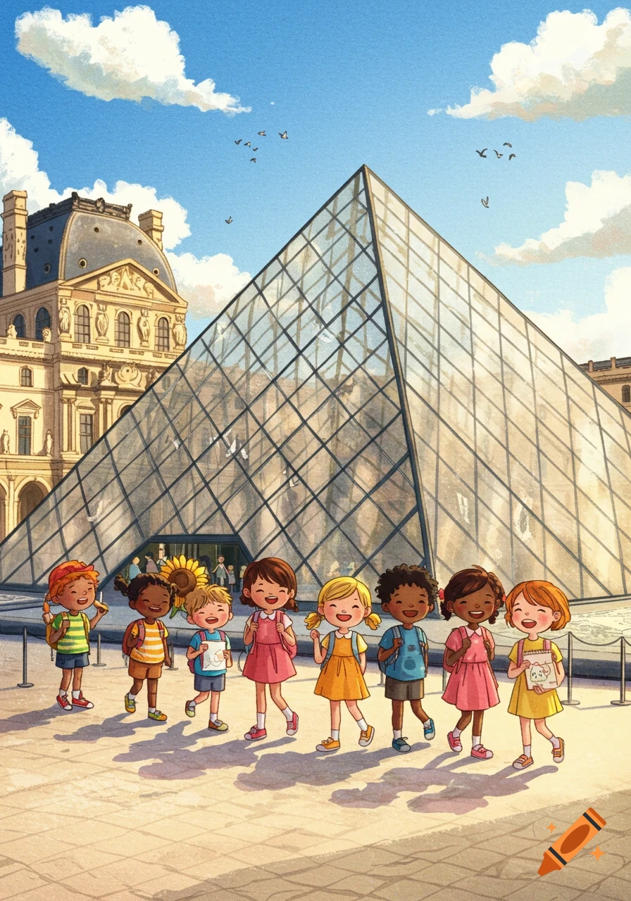 A colorful illustration of a diverse group of children smiling and walking in front of the Louvre Pyramid in Paris.