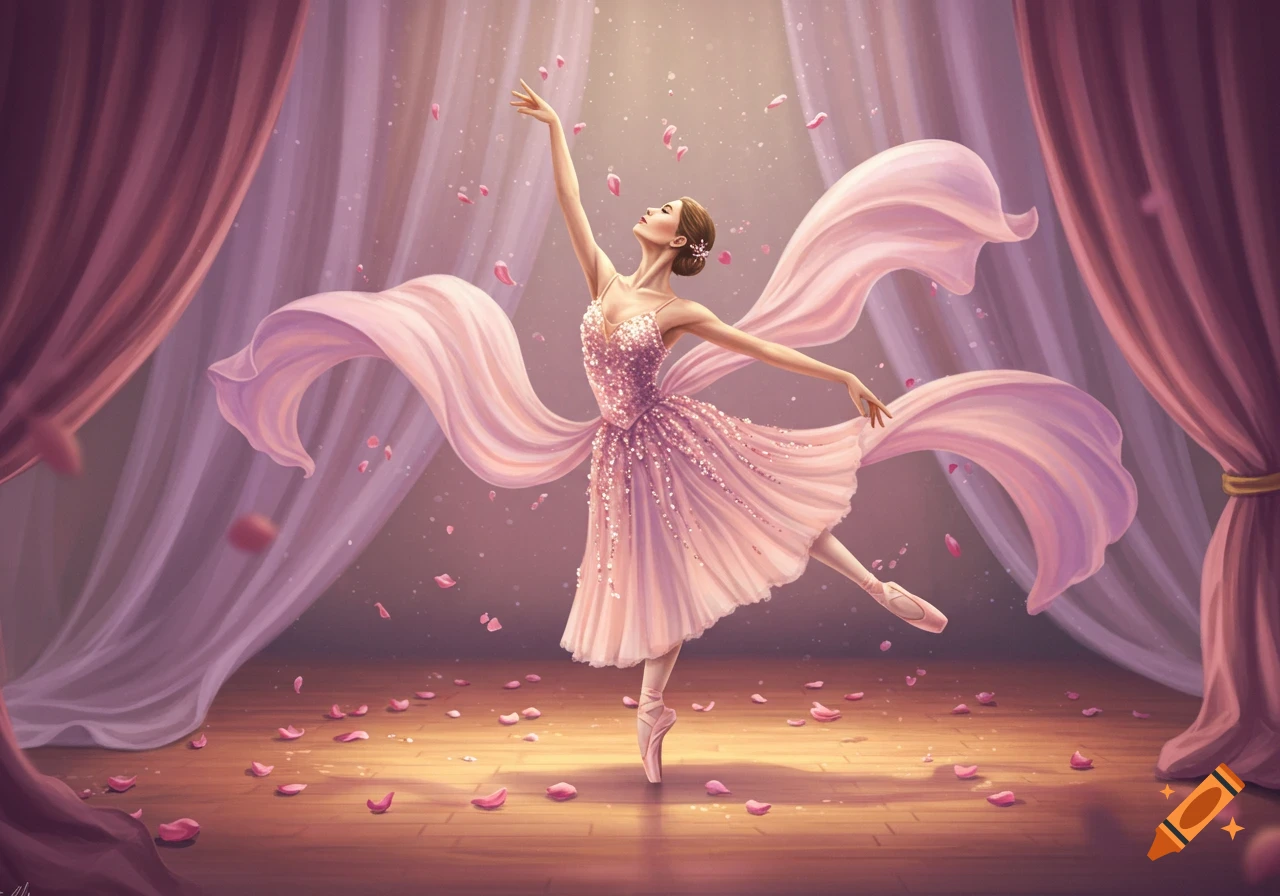 An artistic illustration of a ballerina in a pink sparkly dress dancing on a stage with rose petals and flowing fabric.