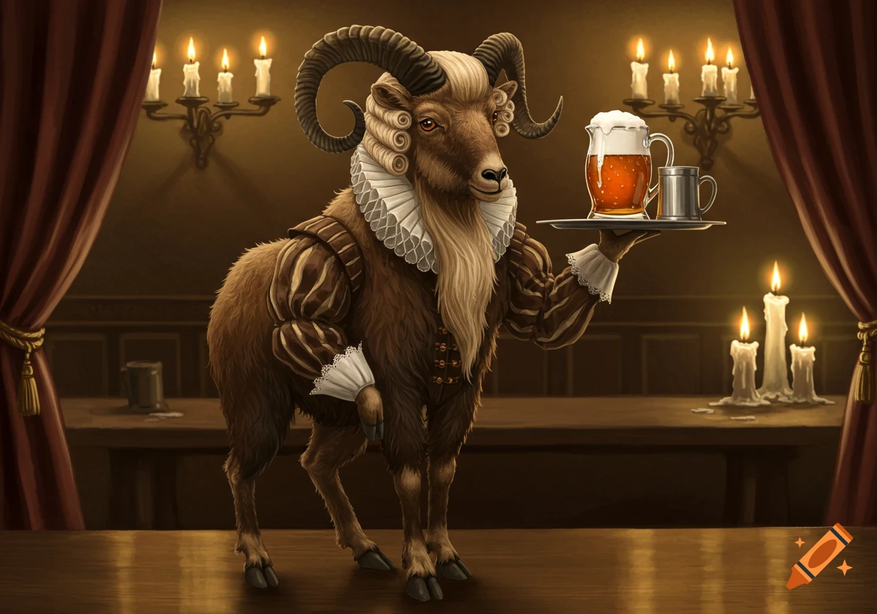 A shaggy brown tahr in a blonde wig and Elizabethan ruffs acts as a waiter, holding a tray with a beer jug in a candlelit room.