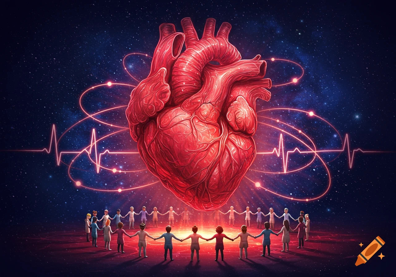 Large, glowing anatomical heart in a cosmic background with red ECG lines, surrounded by diverse people holding hands in a circle.