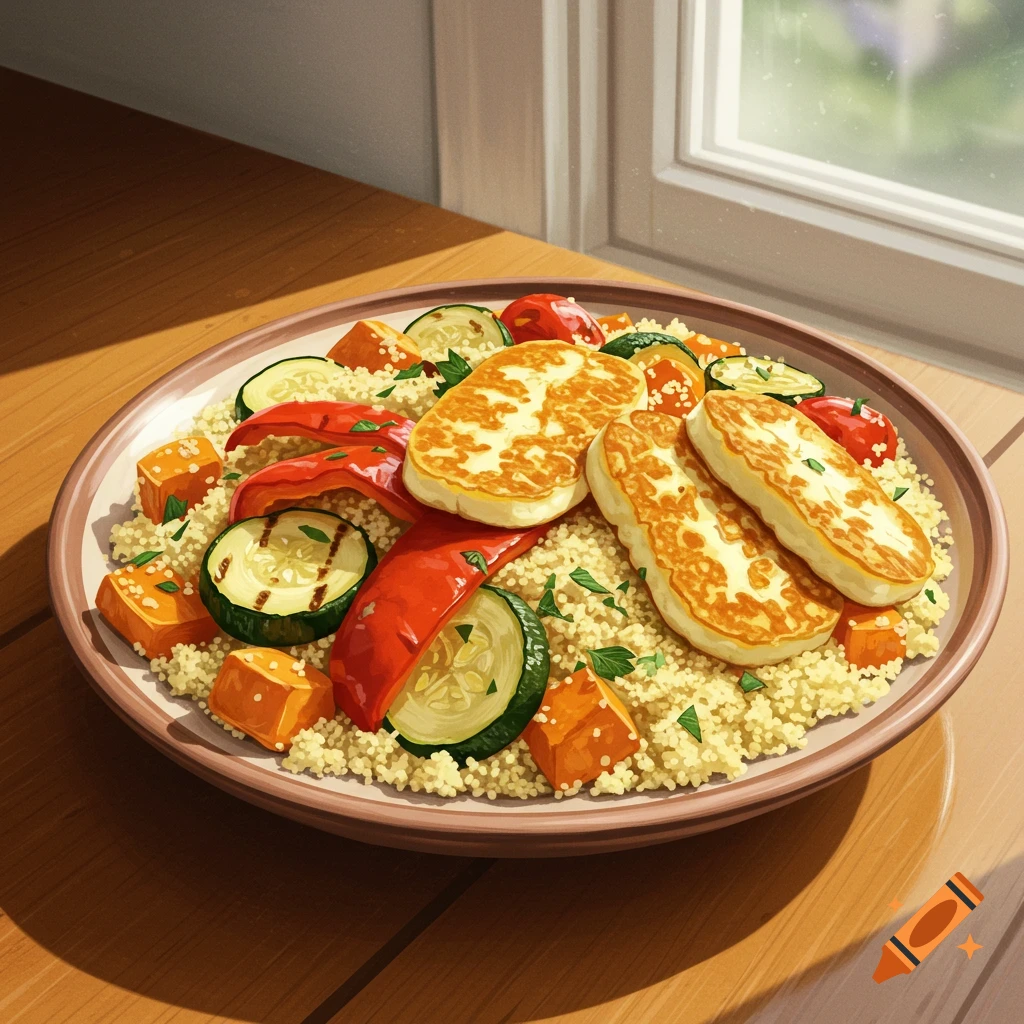 Illustrative depiction of a plate of couscous salad with grilled halloumi and roasted vegetables on a wooden table by a window.