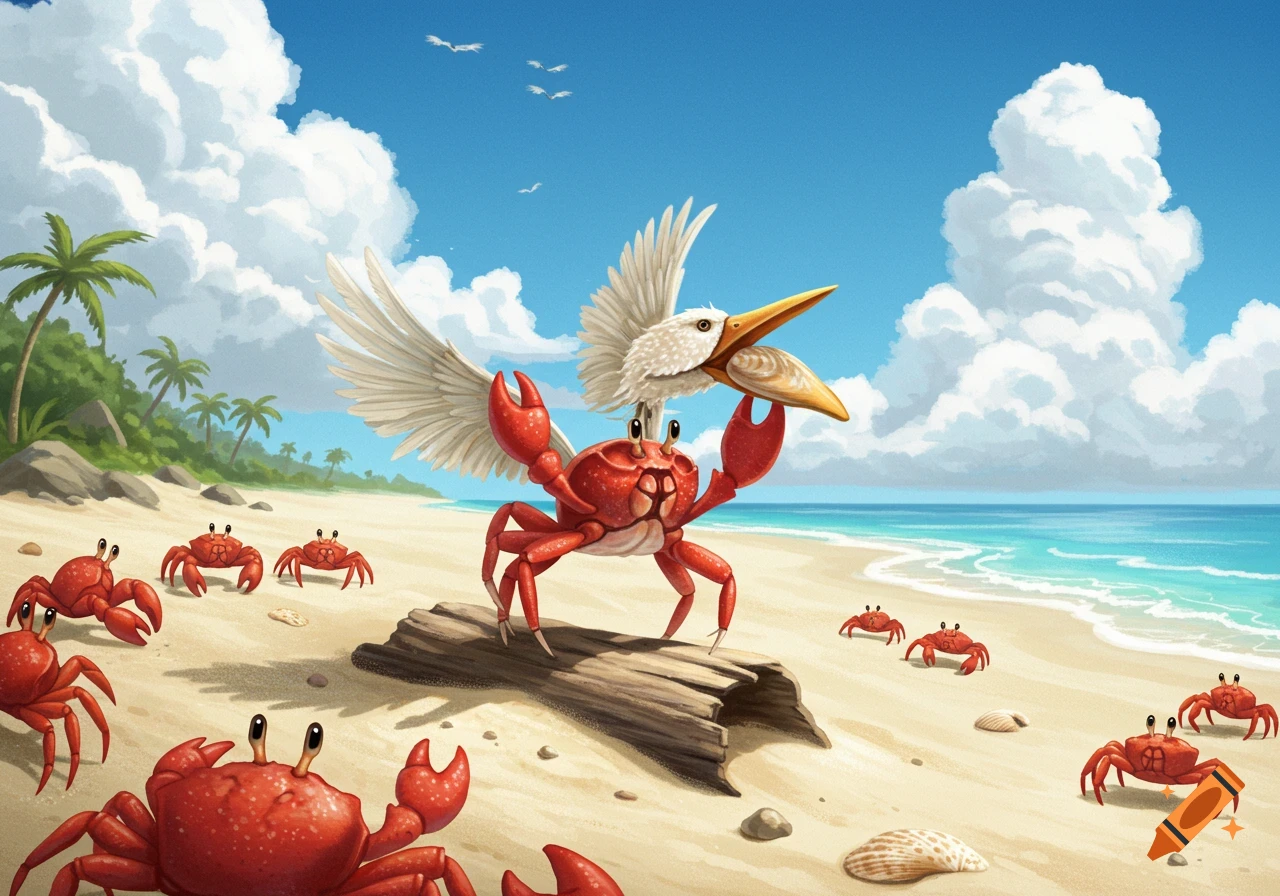 Whimsical illustration of a crab with a bird's head and wings standing on driftwood on a sunny beach, surrounded by other crabs.